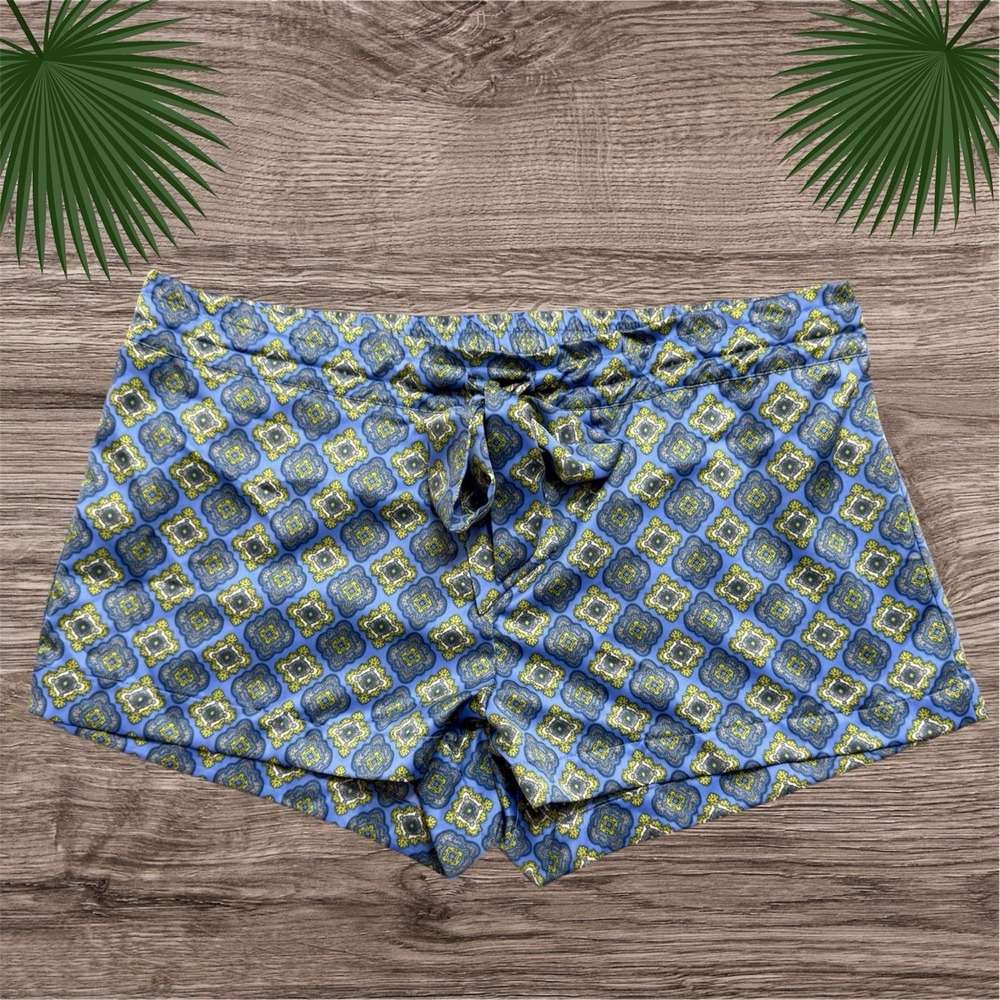 New York & Company Sleep Shorts Women's M Blue Boho Batik Satin Pajama Lounge